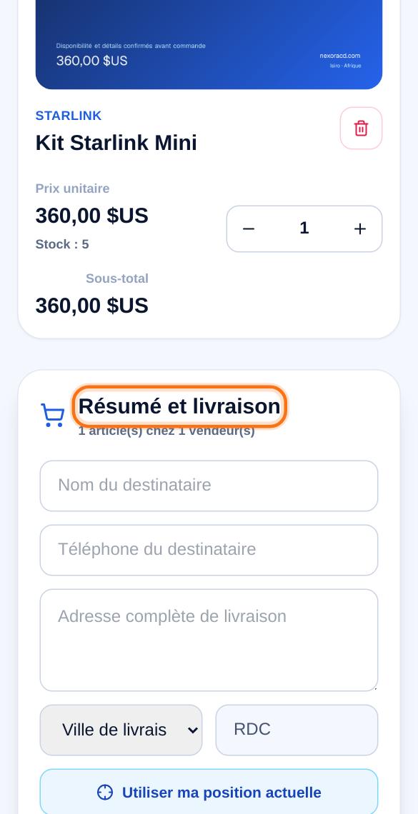 Panier : destinataire, adresse et ville de livraison.