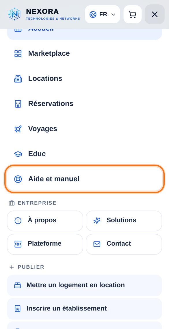 Sur téléphone, le menu : les rubriques et l’accès à l’aide.