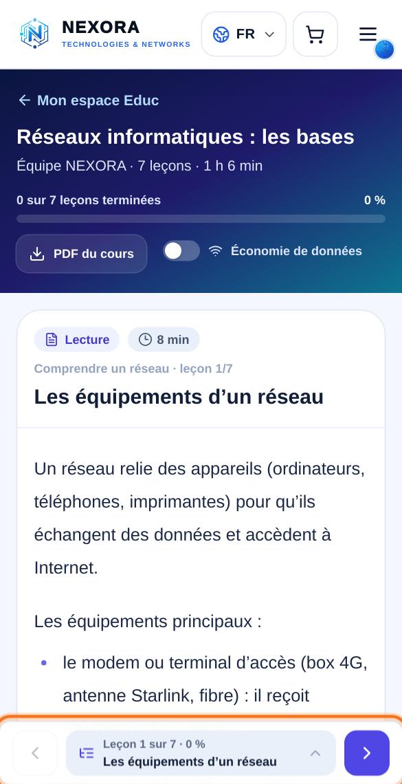 Lecteur sur téléphone : la barre du bas passe d’une leçon à l’autre.