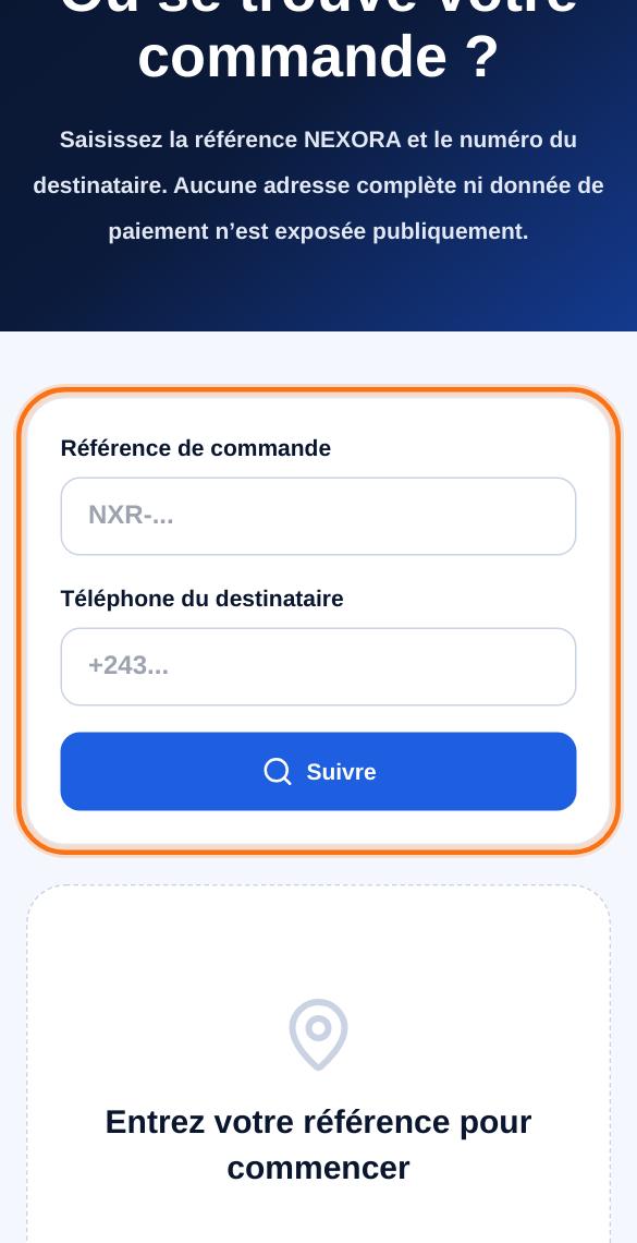 Suivi d’une commande avec sa référence NXR-… et le téléphone du destinataire.
