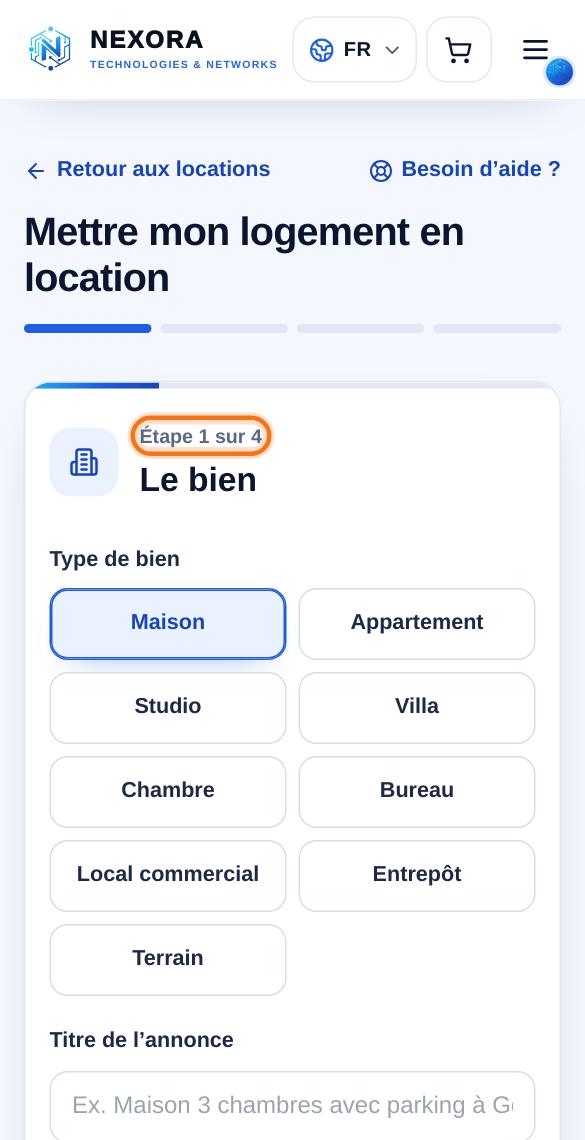 Publier un logement : 4 étapes, en commençant par le type de bien.
