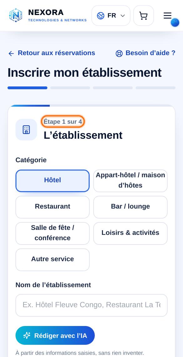 Inscrire un établissement : 4 étapes, en commençant par la catégorie.