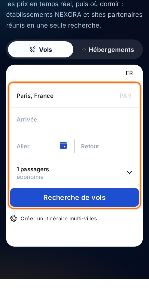 Recherche de vols : départ, arrivée, dates et passagers.